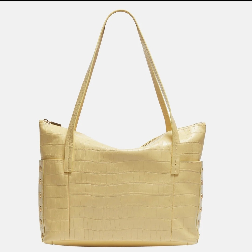 NWT, HAMMITT ADDIE YELLOW CROC. EMBOSSED LEATHER SILVER HARDWARE TOTE BAG